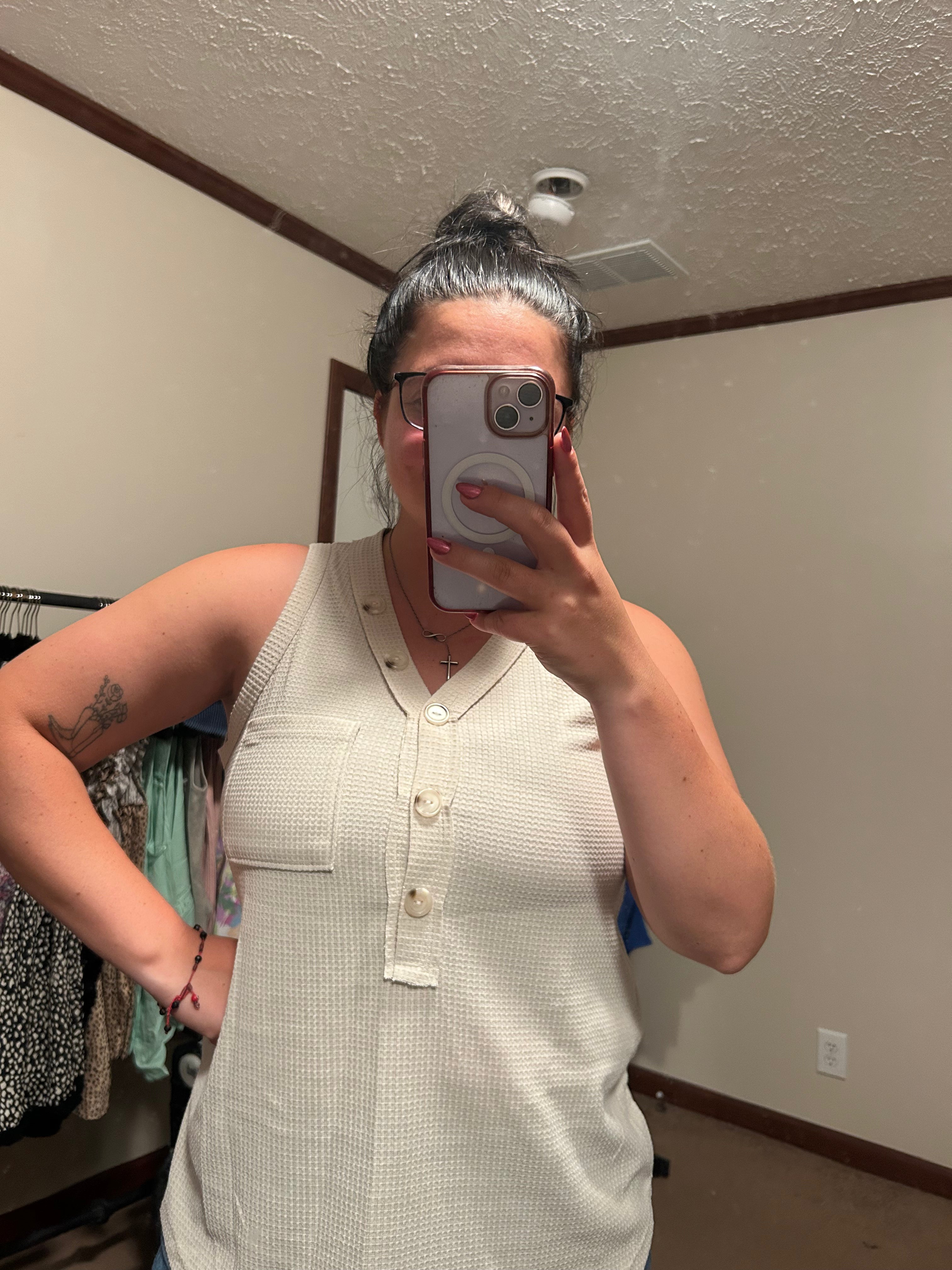 Sleeveless Waffle Top With Button Top Detail